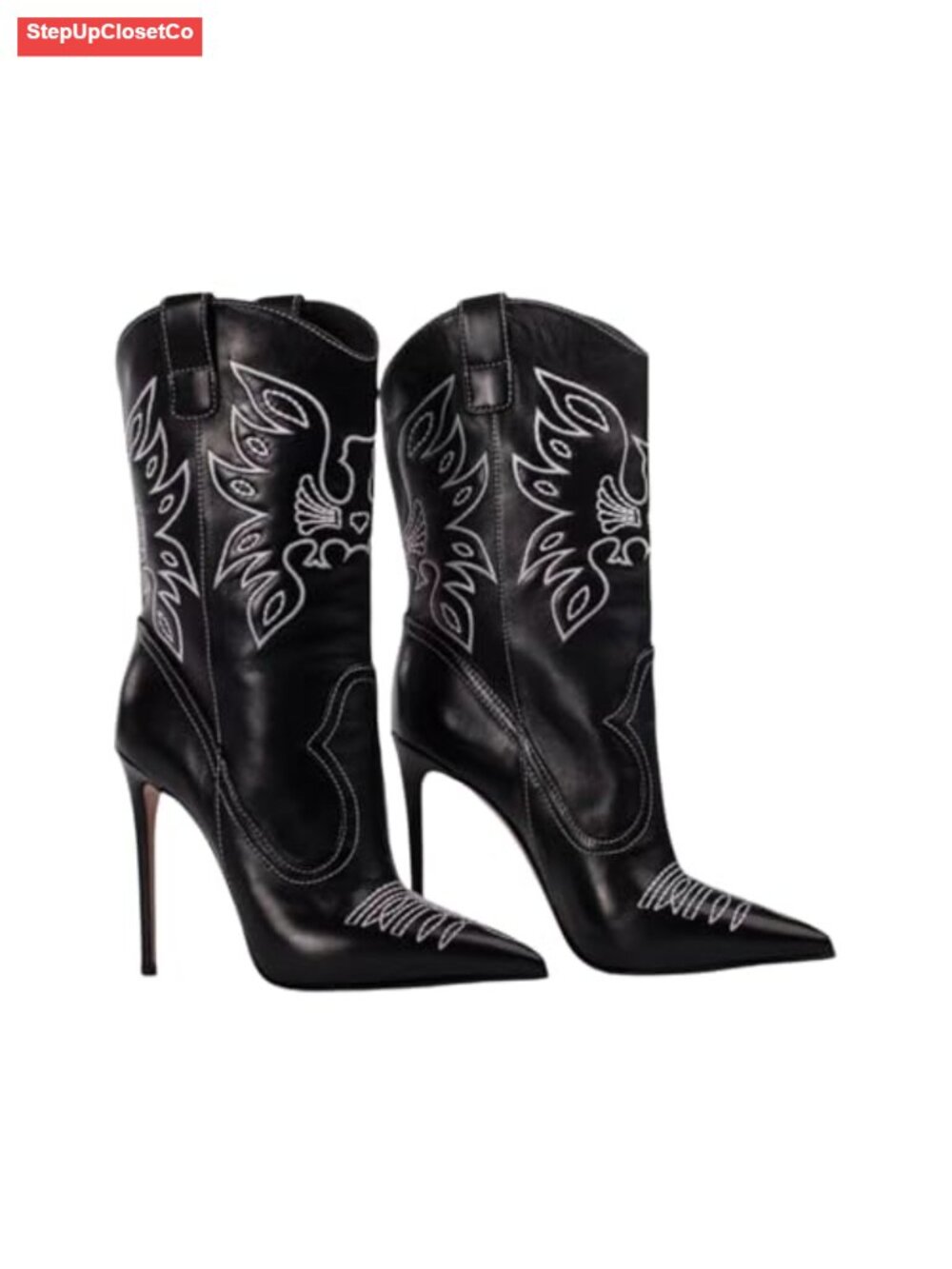 Women's Embroidered Western Cowboy Stiletto Heel Boots Pointed Toe Pull-Up Boots